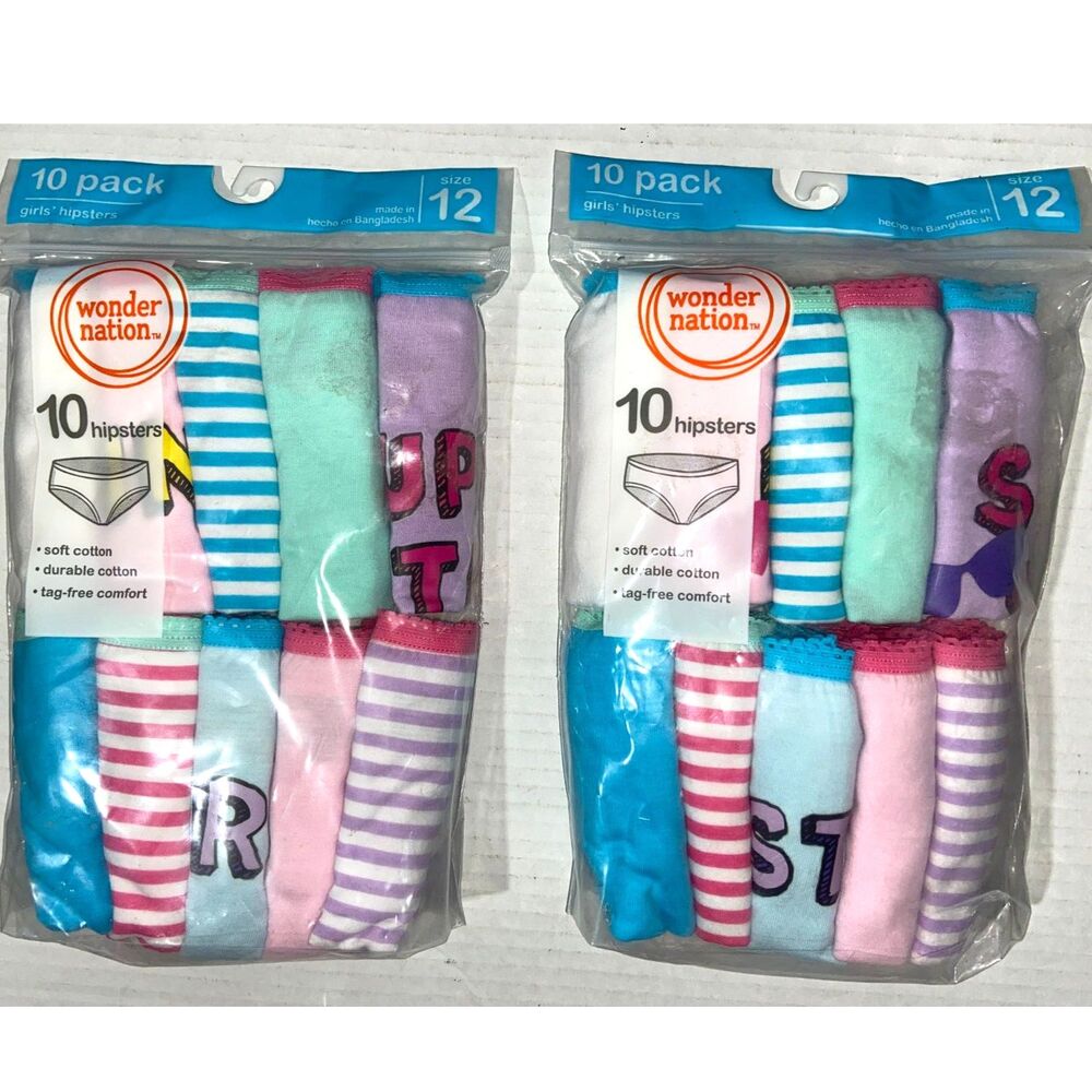 2 Wonder Nation ~ Girls Tagless 10-Pair Underwear Hipster Cotton ~ Size 12